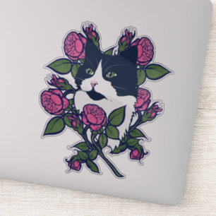 Tuxedo Cat Peony Floral Art Tuxie Cats Sticker