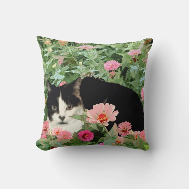 Tuxedo Cat Pillow (Floral) Kussen (Voorkant)