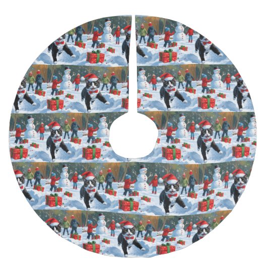 Tuxedo Cat Running in Snow met kerst Pet Kerstboom Rok (Voorkant)