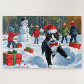 Tuxedo Cat Running in Snow met kerst Pet Legpuzzel (Horizontaal)