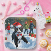 Tuxedo Cat Running in Snow met kerst Pet Papieren Bordje (Feest)