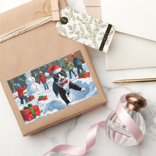 Tuxedo Cat Running in Snow met kerst Pet Rechthoekige Sticker (Geschenken)
