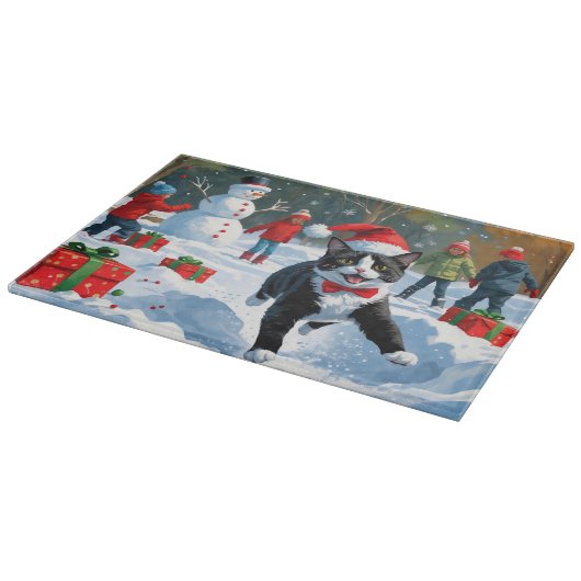 Tuxedo Cat Running in Snow met kerst Pet Snijplank (Hoek)