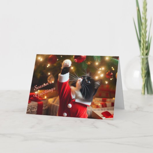 Tuxedo Cat Speel met kerstbal op Tree Kaart (Voorkant)