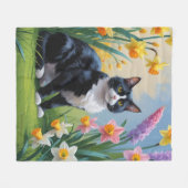 Tuxedo Cat Spring Bloemen Schilderen Fleece Deken (Voorkant (Horizontaal))