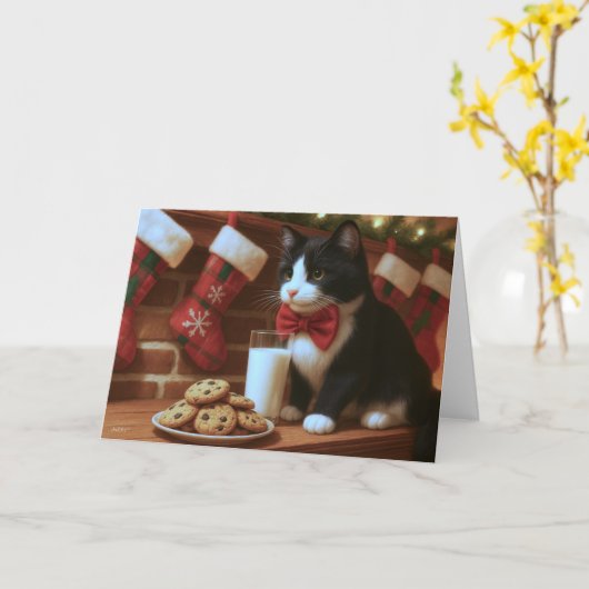 Tuxedo Cat Waiting for Santa Kaart (Gele Bloem)