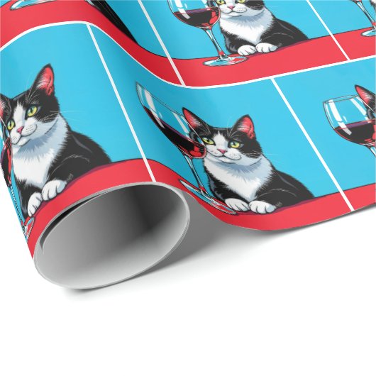 Tuxedo Cat With Glass of Red Wine Cadeaupapier (Rol Hoek)