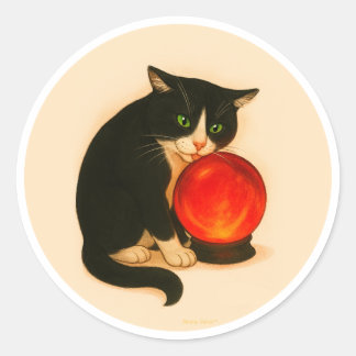 Tuxedo cat with red crystal ball ronde sticker