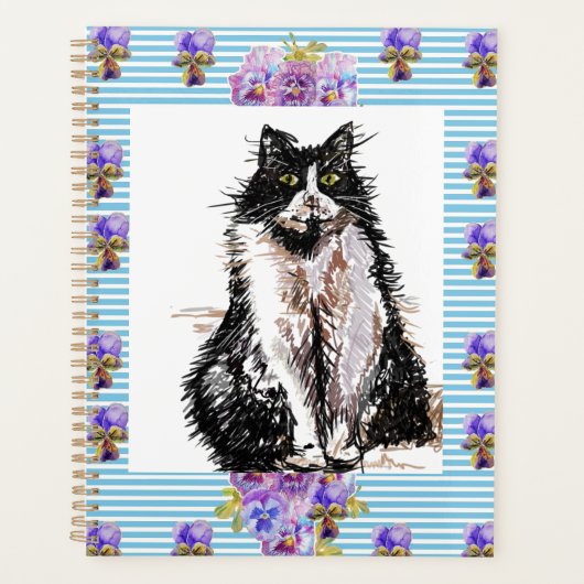 Tuxedo Chat Chats Noir et Blanc Filles Floral Bleu (Devant)