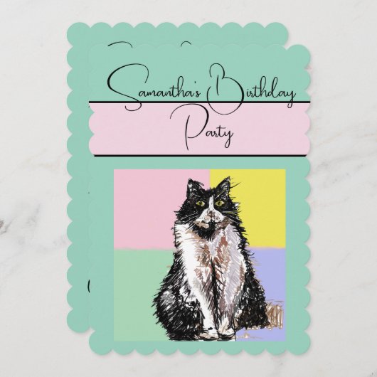 Tuxedo Chat Chats Vert Invitation fête d'anniversa (Devant / Derrière)