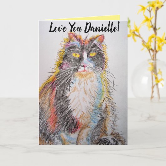 Tuxedo Chat Cute Chats Crayon Dessin Carte Anniver (Fleur jaune)