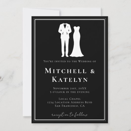 Tuxedo & Dress Minimal Border Black Wedding Kaart (Voorkant)