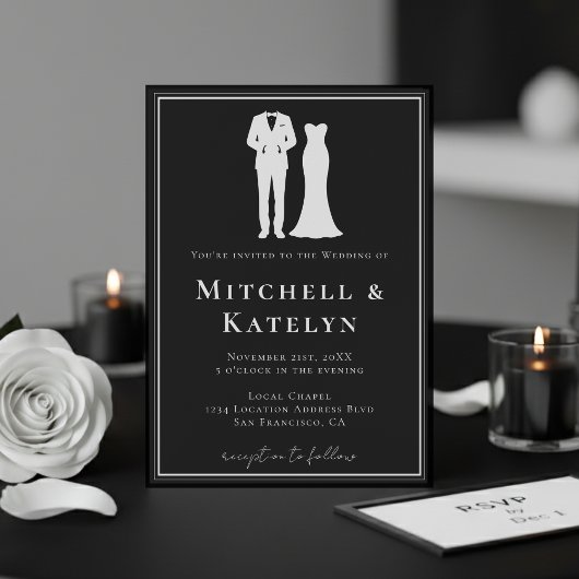 Tuxedo & Dress Minimal Border Black Wedding Kaart