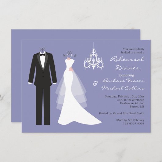 Tuxedo, gown on violet Rehearsal Diner Invitation (Devant / Derrière)