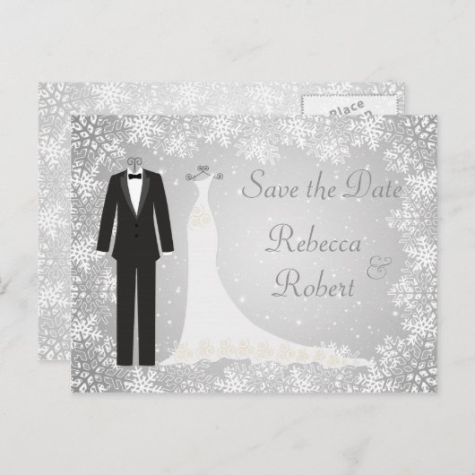 Tuxedo, Gown, Snowflakes Enregistrer la date Carte (Devant / Derrière)