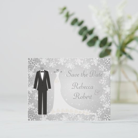 Tuxedo, Gown, Snowflakes Enregistrer la date Carte (Debout devant)