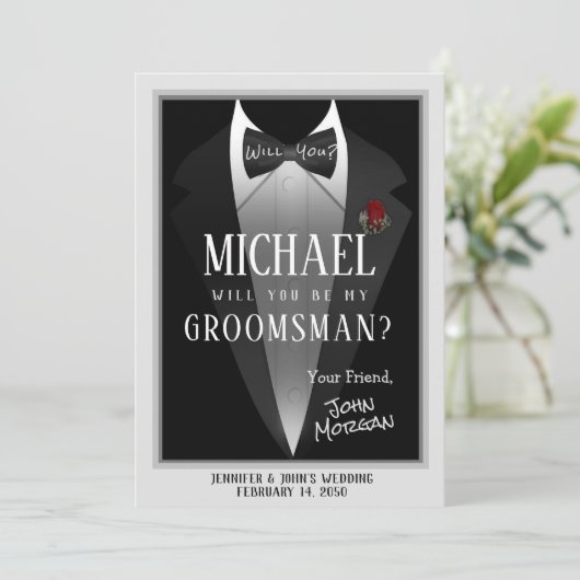 Tuxedo Groomsman Uitnodiging (Staand voorkant)