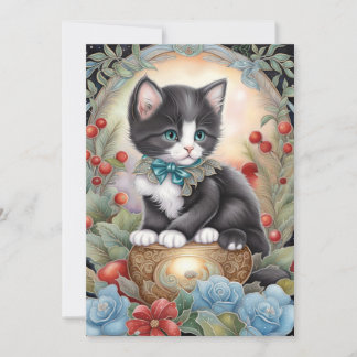 Tuxedo Kat Art Nouveau bloemendecoratie Feestdagenkaart