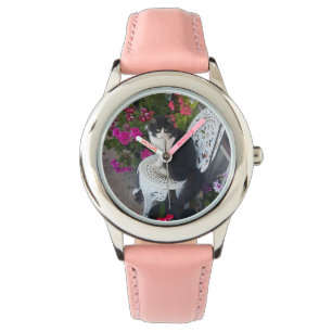 Tuxedo Kat Cute met Mooie Bloemen Zwarte Katten Horloge