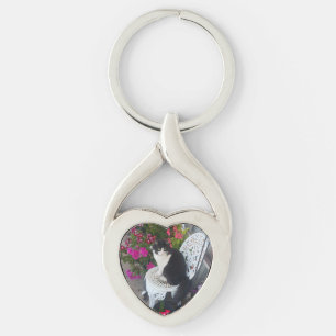Tuxedo kat Cute met mooie bloemen Zwarte katten Sleutelhanger