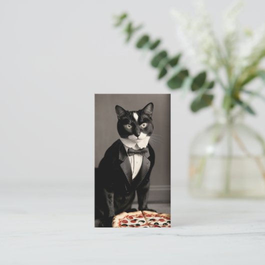 Tuxedo kat en pizza visitekaartje (Staand voorkant)