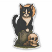 Tuxedo Kat en Schedel – Cute Gotische Grafsteen On Sticker (Voorkant)