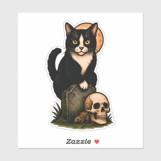 Tuxedo Kat en Schedel – Cute Gotische Grafsteen On Sticker (Vel)