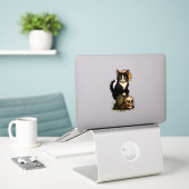 Tuxedo Kat en Schedel – Cute Gotische Grafsteen On Sticker (Laptop op bureau)