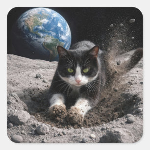 Tuxedo Kat Graaft een Maankrater Vierkante Sticker