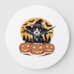 Tuxedo Kat Halloween Heks Schattige Pompoenen Esse Grote Klok