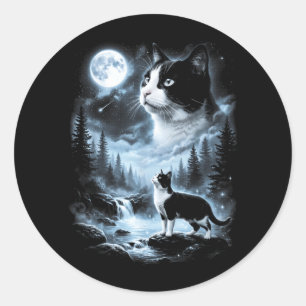 Tuxedo Kat Huilend naar de Maan 90s Retro Ronde Sticker