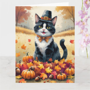Tuxedo Kat in herfstbladeren Thanksgiving Kunst Kaart