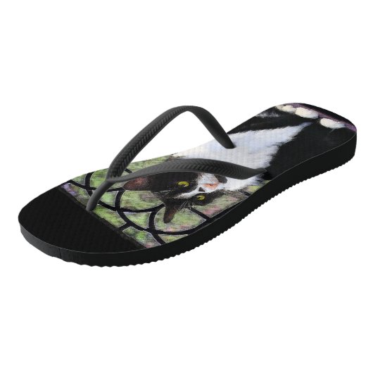 Tuxedo Kat in Raam Schilderij Originele Dier Kunst Teenslippers (Schuin)