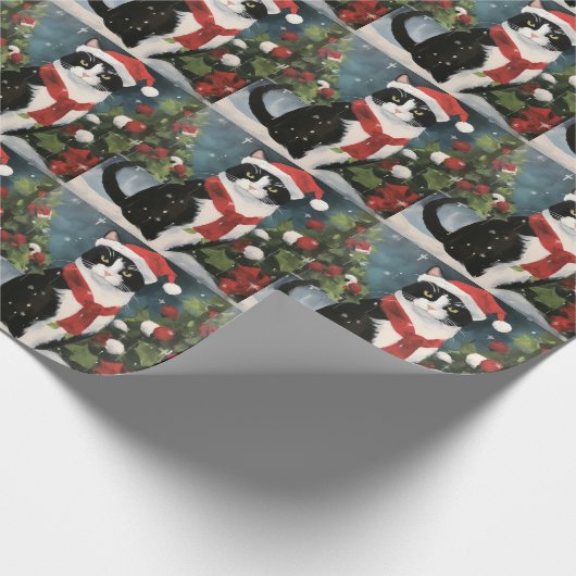 Tuxedo Kat in Sneeuw Kerstmis Cadeaupapier (Hoek)