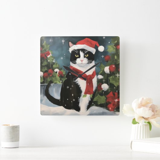 Tuxedo Kat in Sneeuw Kerstmis Vierkante Klok (Huis)