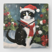 Tuxedo Kat in Sneeuw Kerstmis Vierkante Klok (Voorkant)