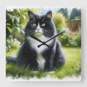 Tuxedo Kat in Tuin Aquarel Wandklok Vierkante Klok