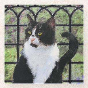 Tuxedo Kat In Venster Schilderen Originele Dierenk Glazen Onderzetter