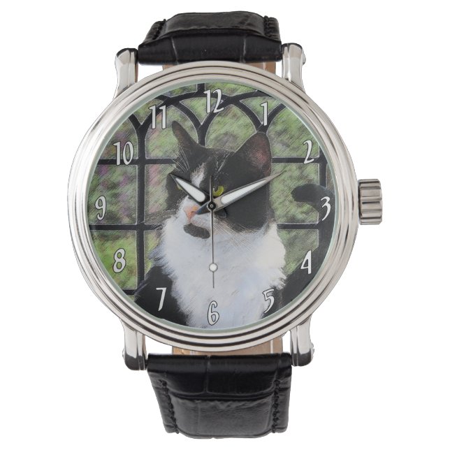 Tuxedo Kat In Venster Schilderen Originele Dierenk Horloge (Voorkant)