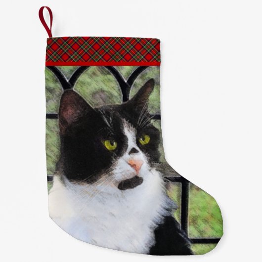 Tuxedo Kat In Venster Schilderen Originele Dierenk Kleine Kerstsok (Voorkant)