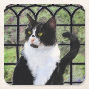 Tuxedo Kat In Venster Schilderen Originele Dierenk Vierkante Kartonnen Onderzetter