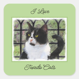 Tuxedo Kat In Venster Schilderen Originele Dierenk Vierkante Sticker