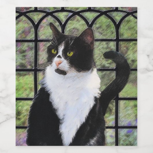 Tuxedo Kat In Venster Schilderen Originele Dierenk Wijn Etiket (Enkel label)