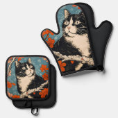 Tuxedo kat Japans schilderij Ovenwant & Pannenlap Set (Voorkant / Achterkant)