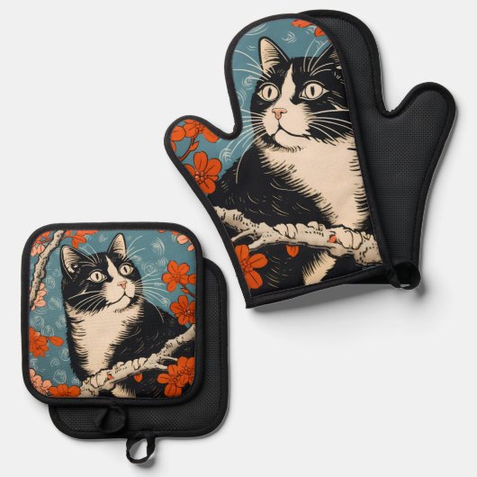 Tuxedo kat Japans schilderij Ovenwant & Pannenlap Set (Voorkant / Achterkant)