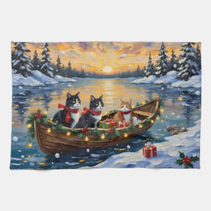 Tuxedo Kat Kerstboot Vakantie Theedoek