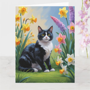 Tuxedo Kat Lentebloemen Schilderij  Kaart