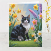Tuxedo Kat Lentebloemen Schilderij  Kaart (Gele Bloem)