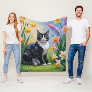 Tuxedo Kat Lentere Bloemen Schilderij Fleece Deken