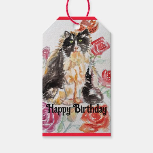 Tuxedo Kat Leuke Rozen Bloemen Katten Waterverf Ro Cadeaulabel (Voorkant)